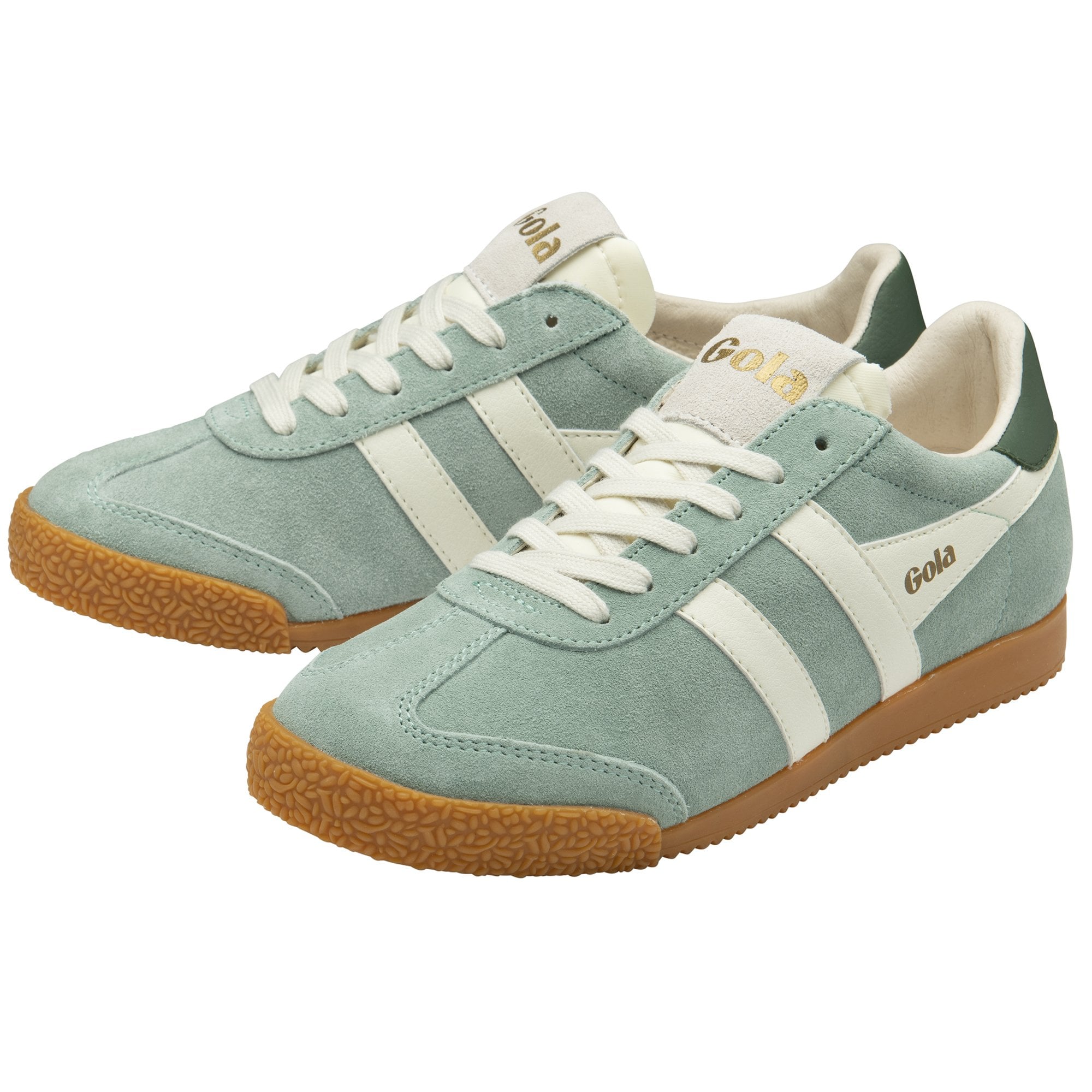 Pair of Gola Harrier suede trainers in sage green with white stripes and gum sole