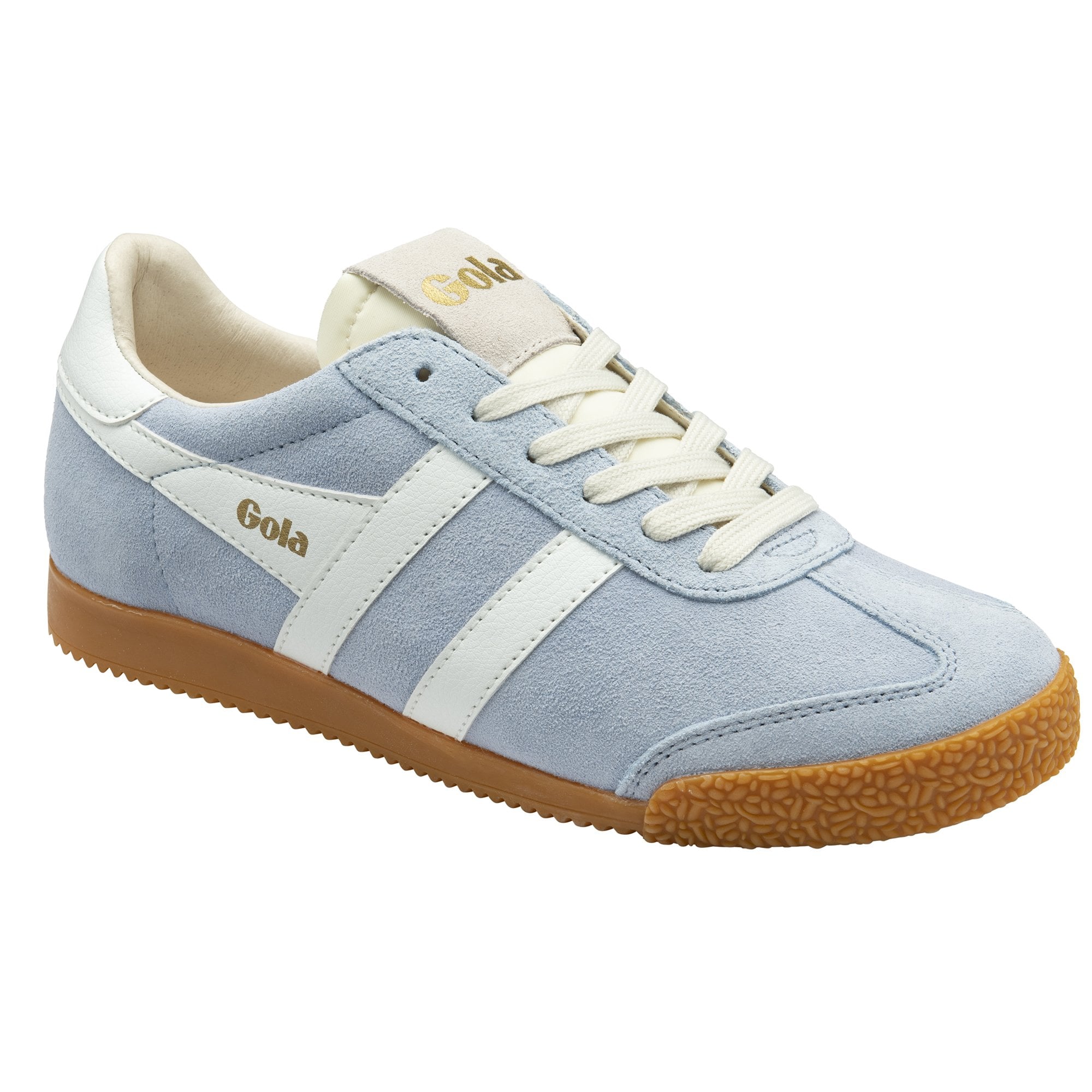 Light blue suede Gola trainer with white stripes and laces, and a brown gum sole