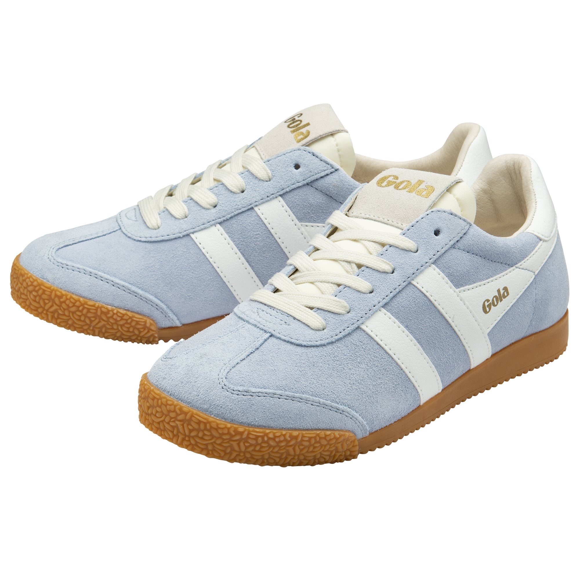 Pair of light blue suede Gola sneakers with white stripes and laces, and a brown rubber sole