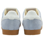 The back view of a pair of light blue Gola sneakers with white heels.
