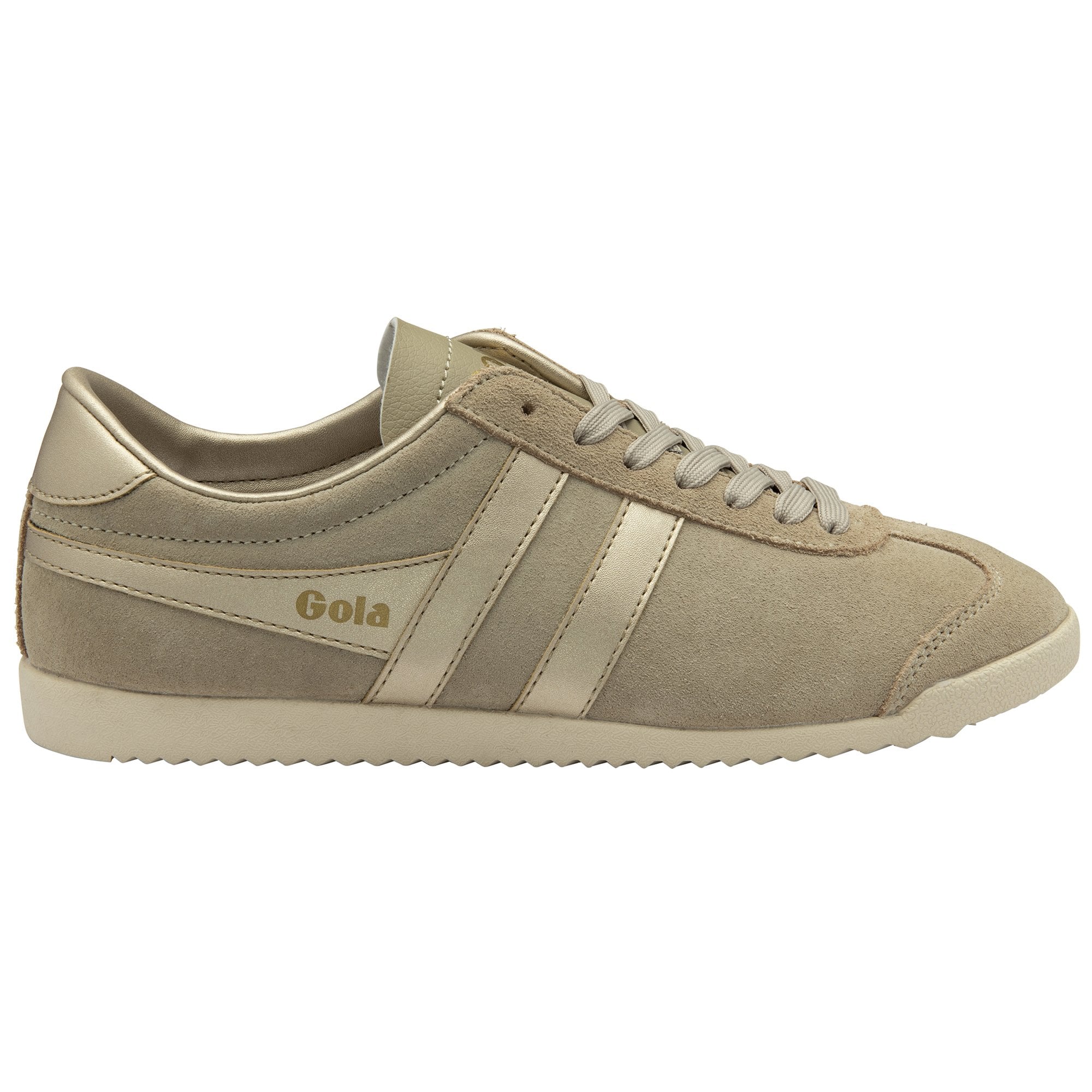 A single Gola Hurricane trainer in light brown suede with gold accents, facing right.
