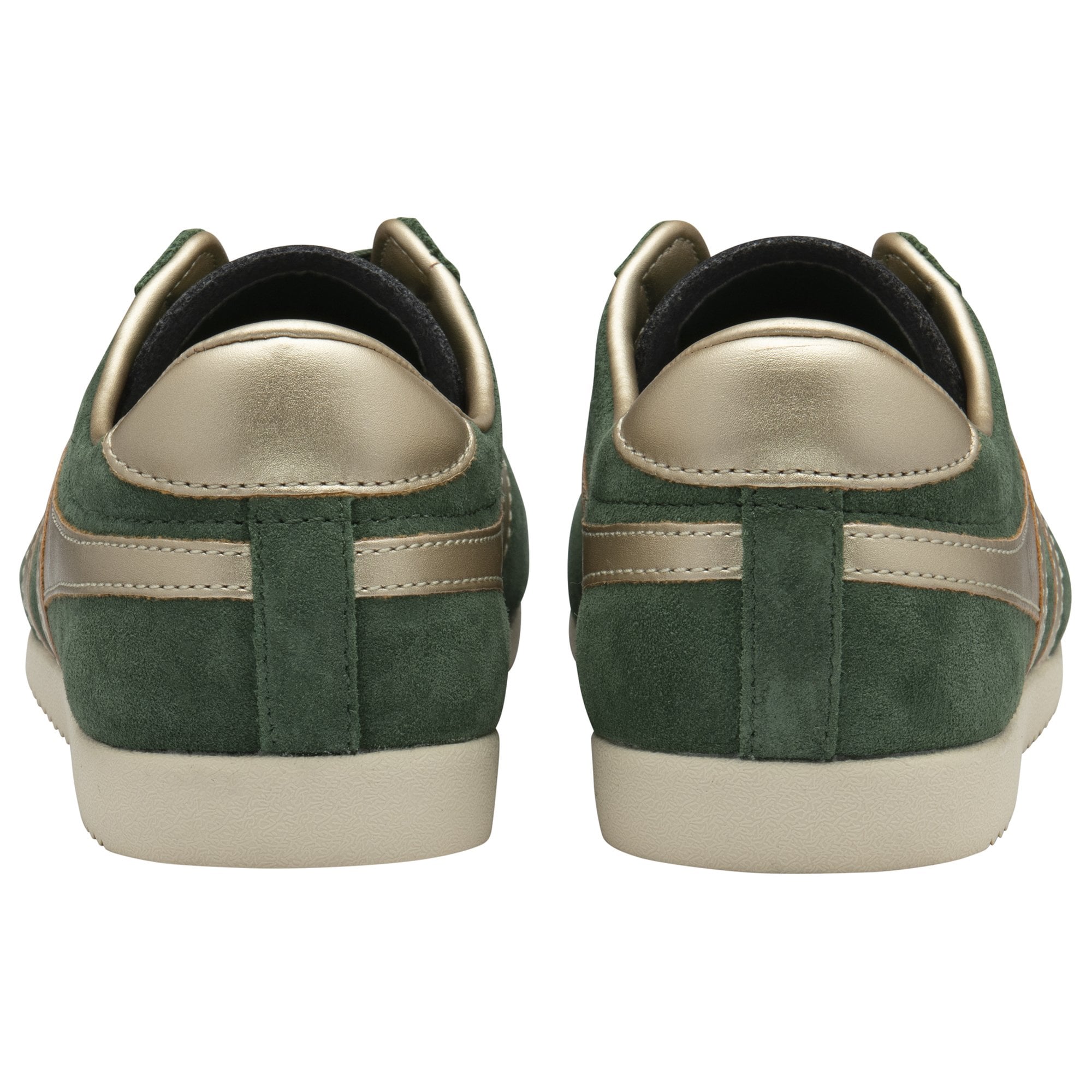 Rear view of a pair of green Gola trainers, highlighting the gold heel and stripe details.
