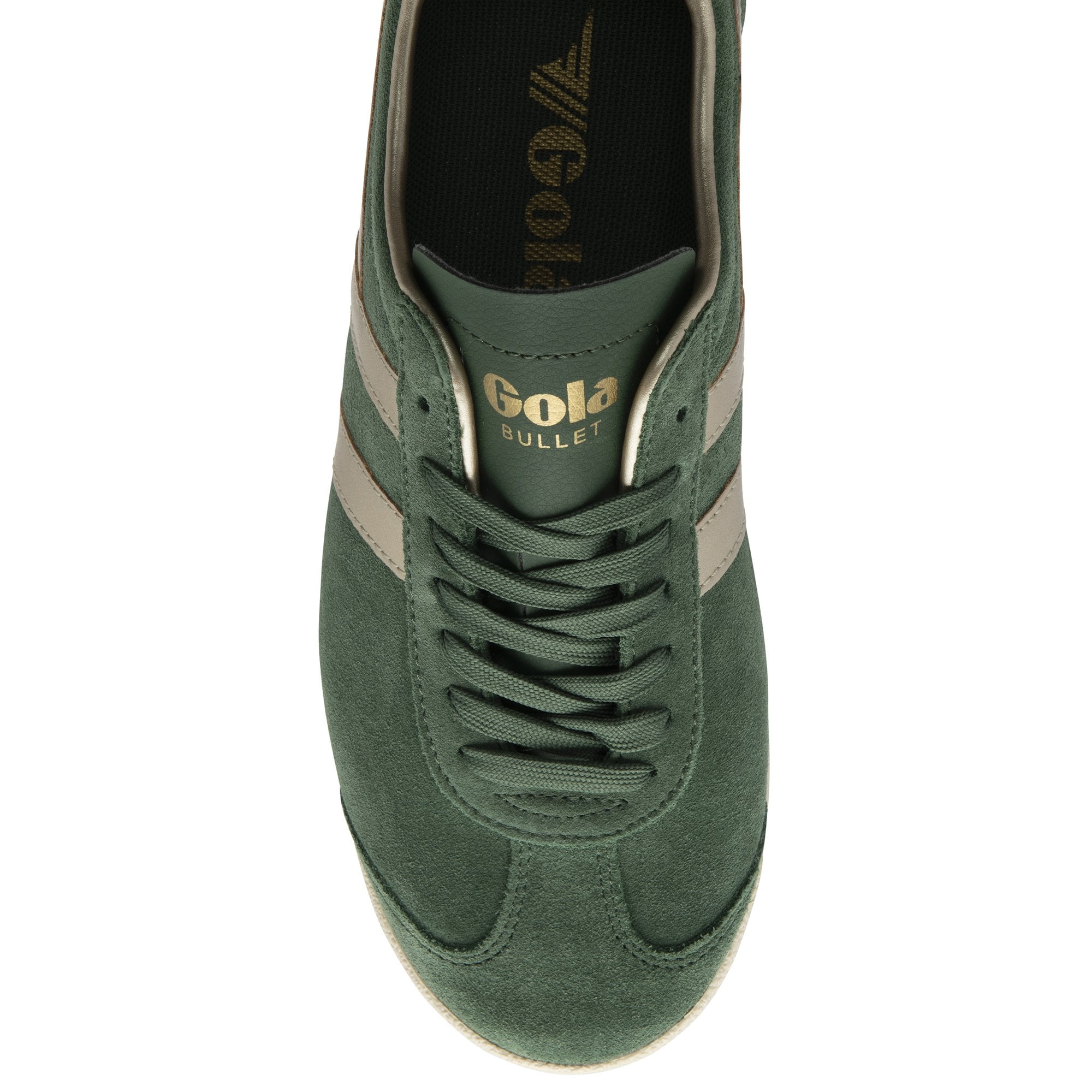 Top-down view of a green Gola trainer, showcasing the laces, gold stripes, and branding.