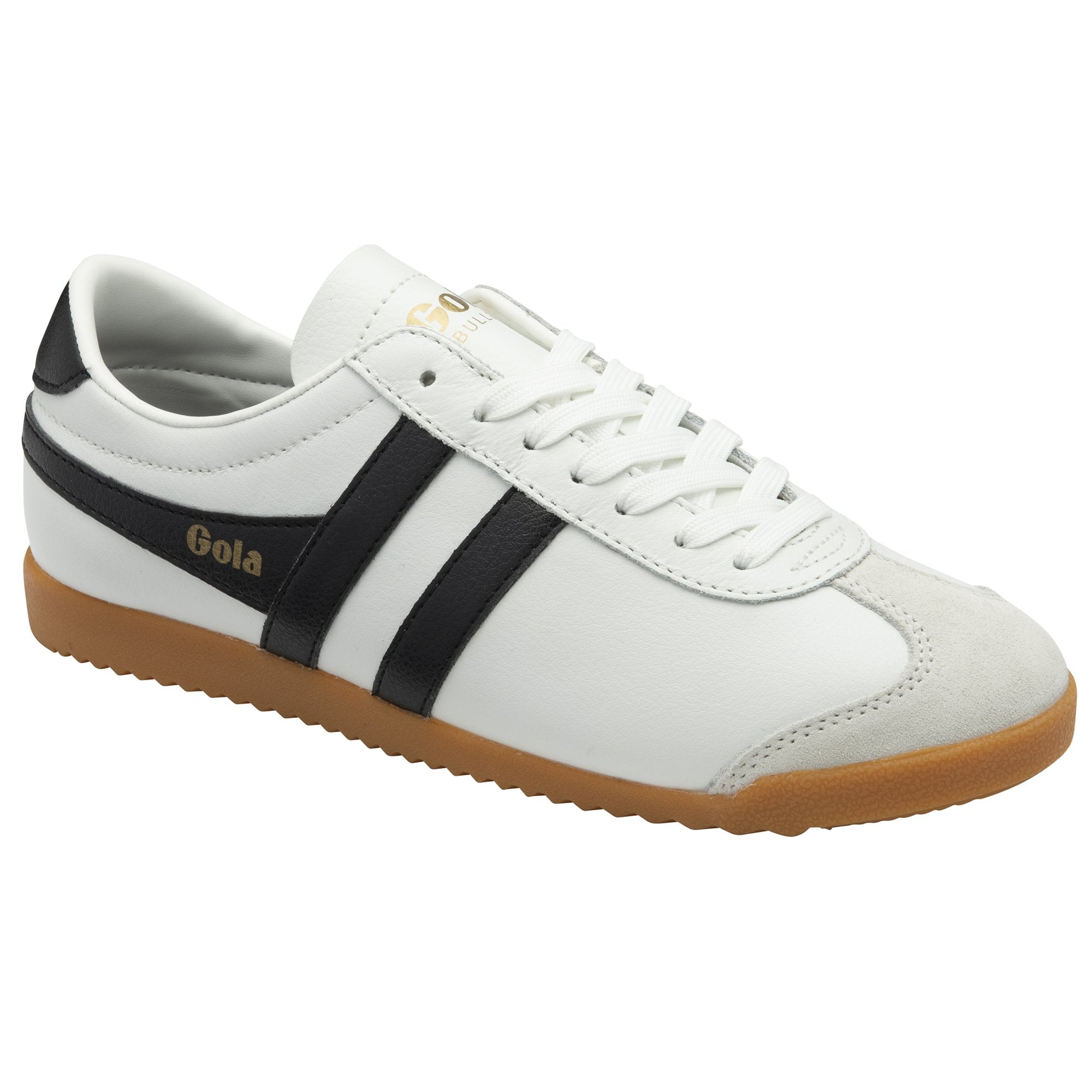 White Gola Harrier trainer with black stripes and a brown sole