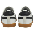 A rear view of two white and black Gola Bullet sneakers.