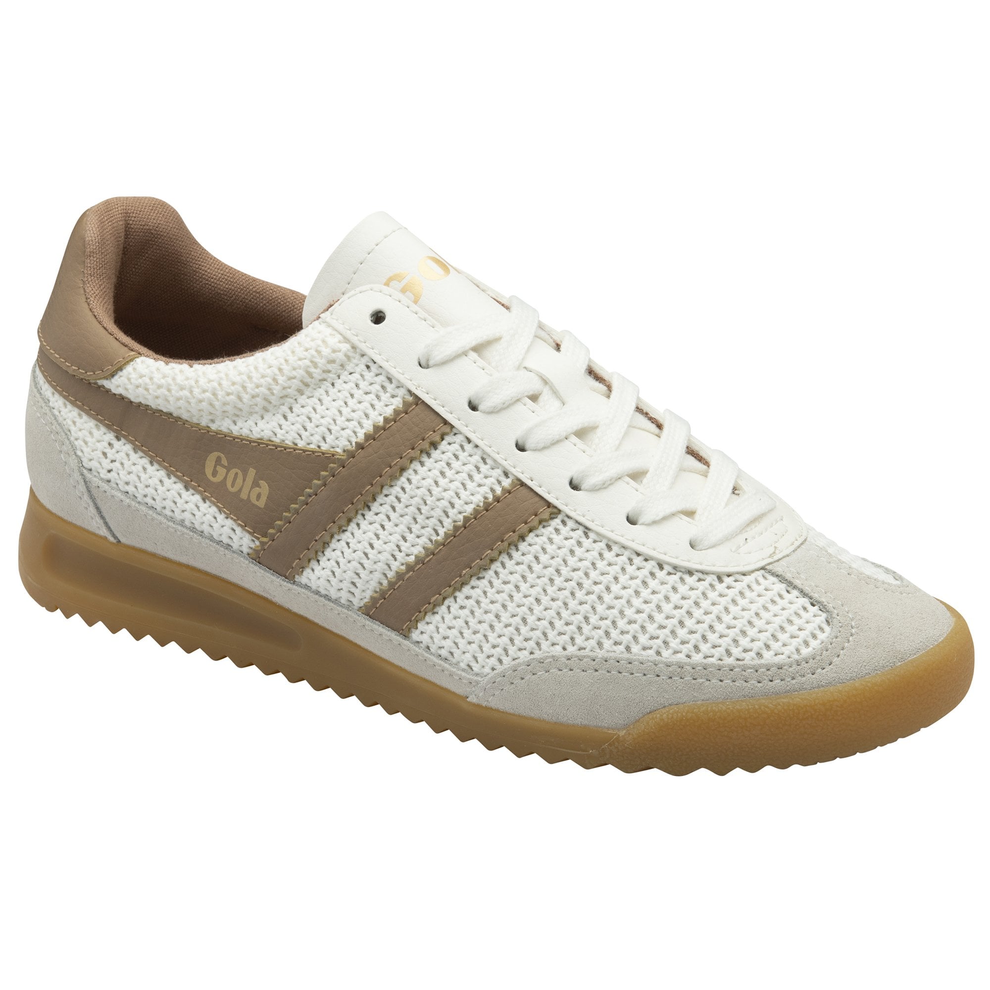 Angled view of a single Gola men's shoe in white and tan, with a gum sole.