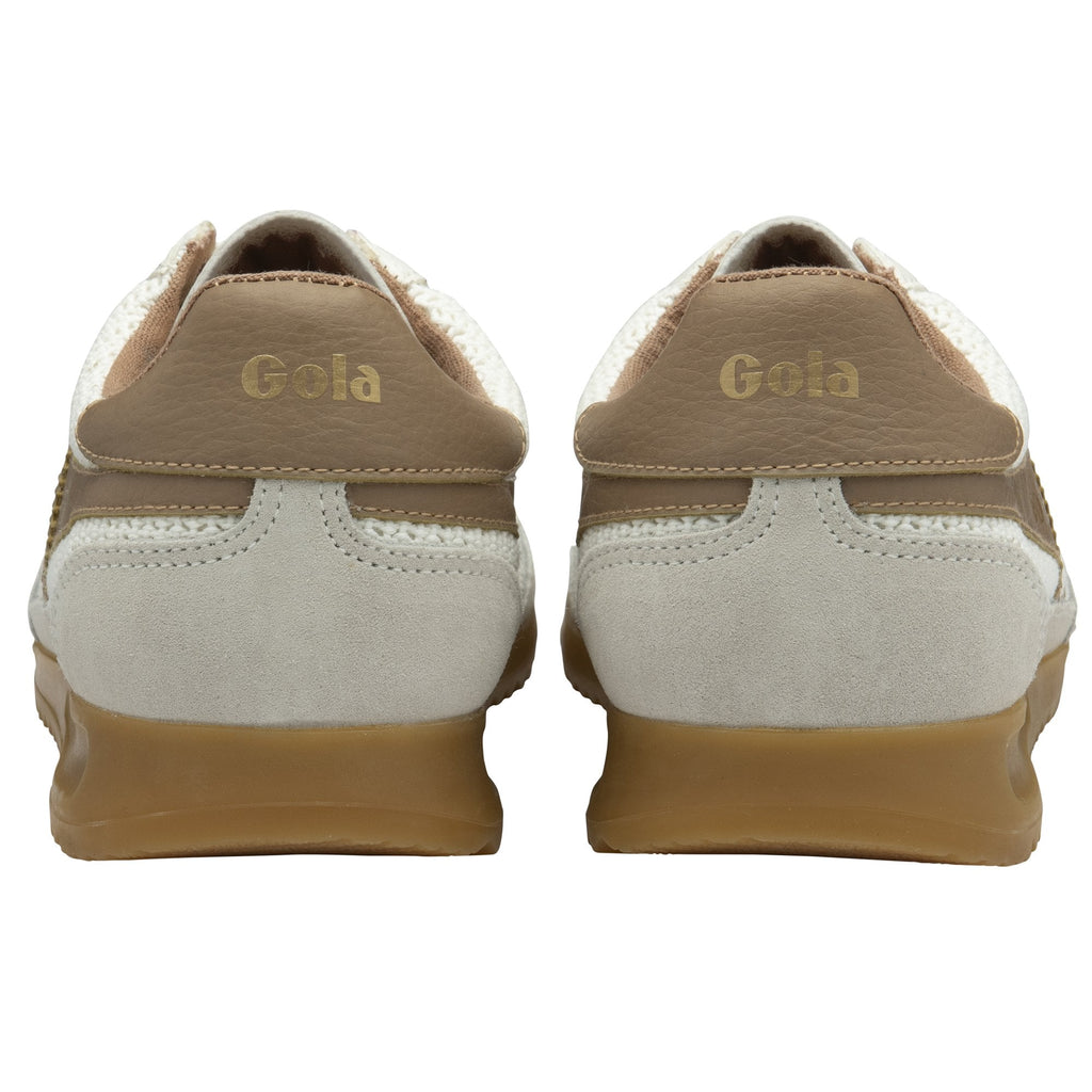 Rear view of two Gola sneakers in white and tan with gum soles