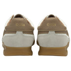 Rear view of two Gola sneakers in white and tan with gum soles