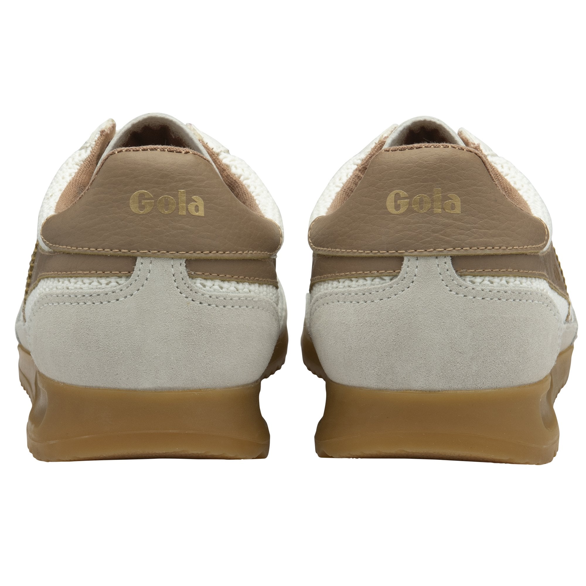 Rear view of two Gola sneakers in white and tan with gum soles