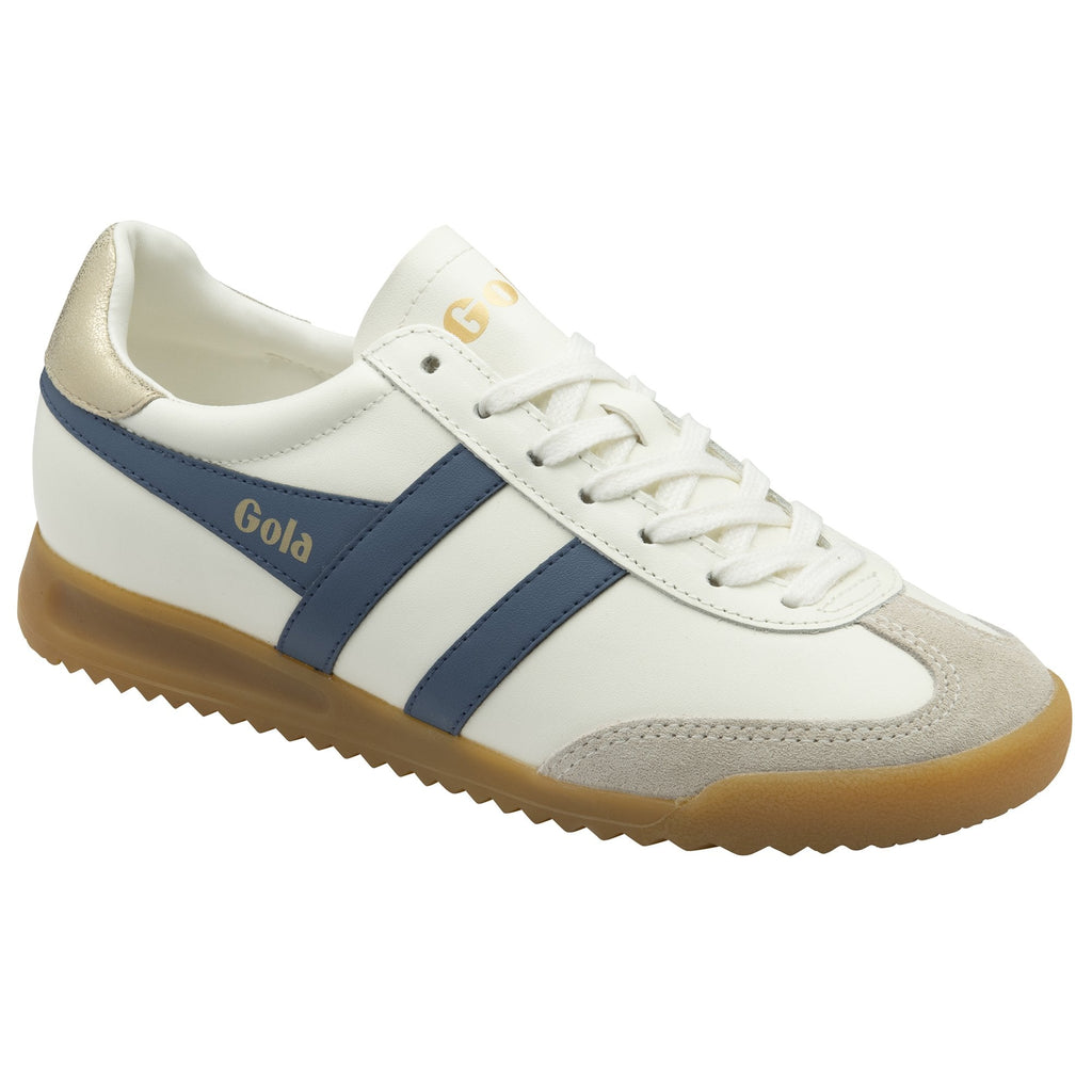 A single white and blue Gola sneaker with a gum sole, viewed from an angle.