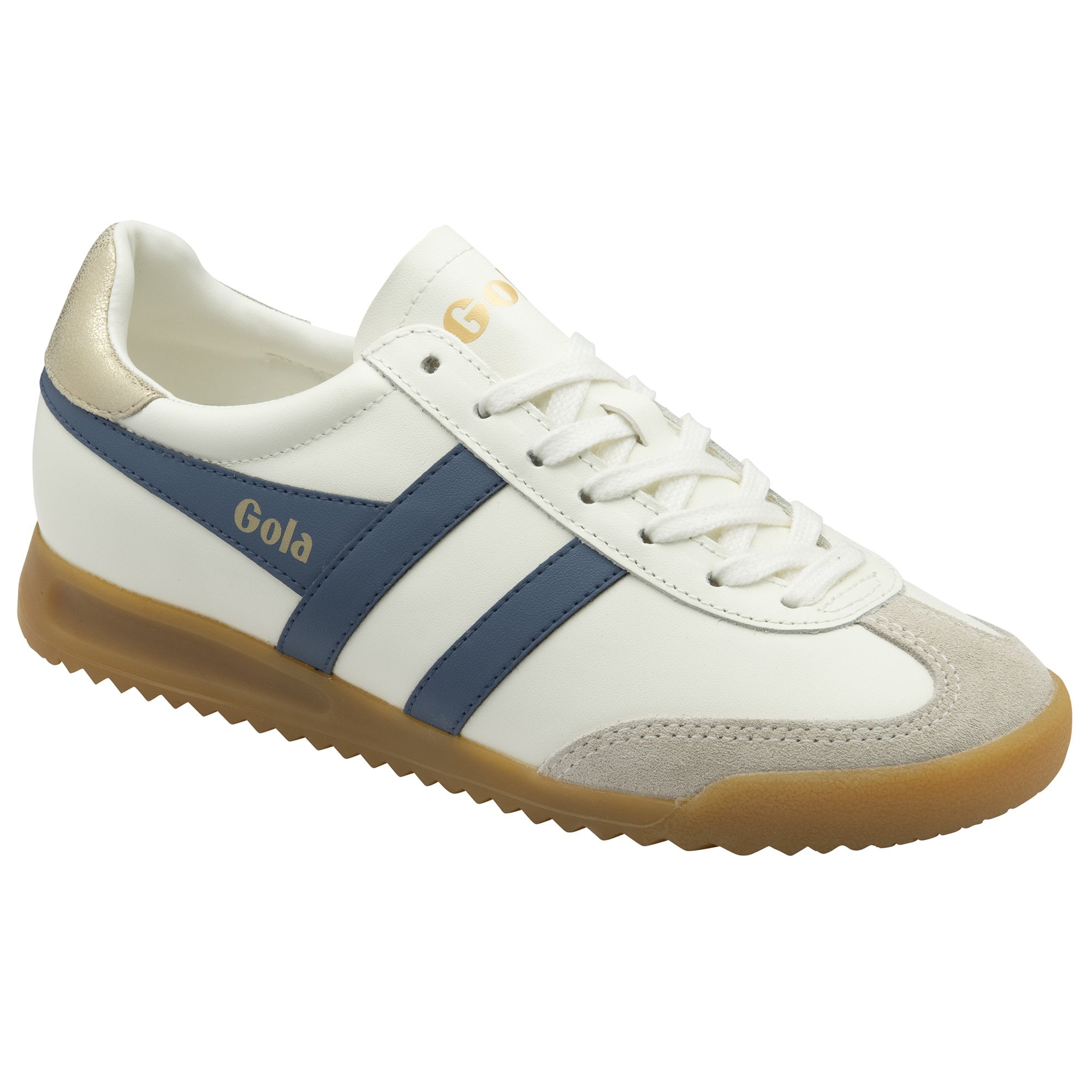 A single white and blue Gola sneaker with a gum sole, viewed from an angle.