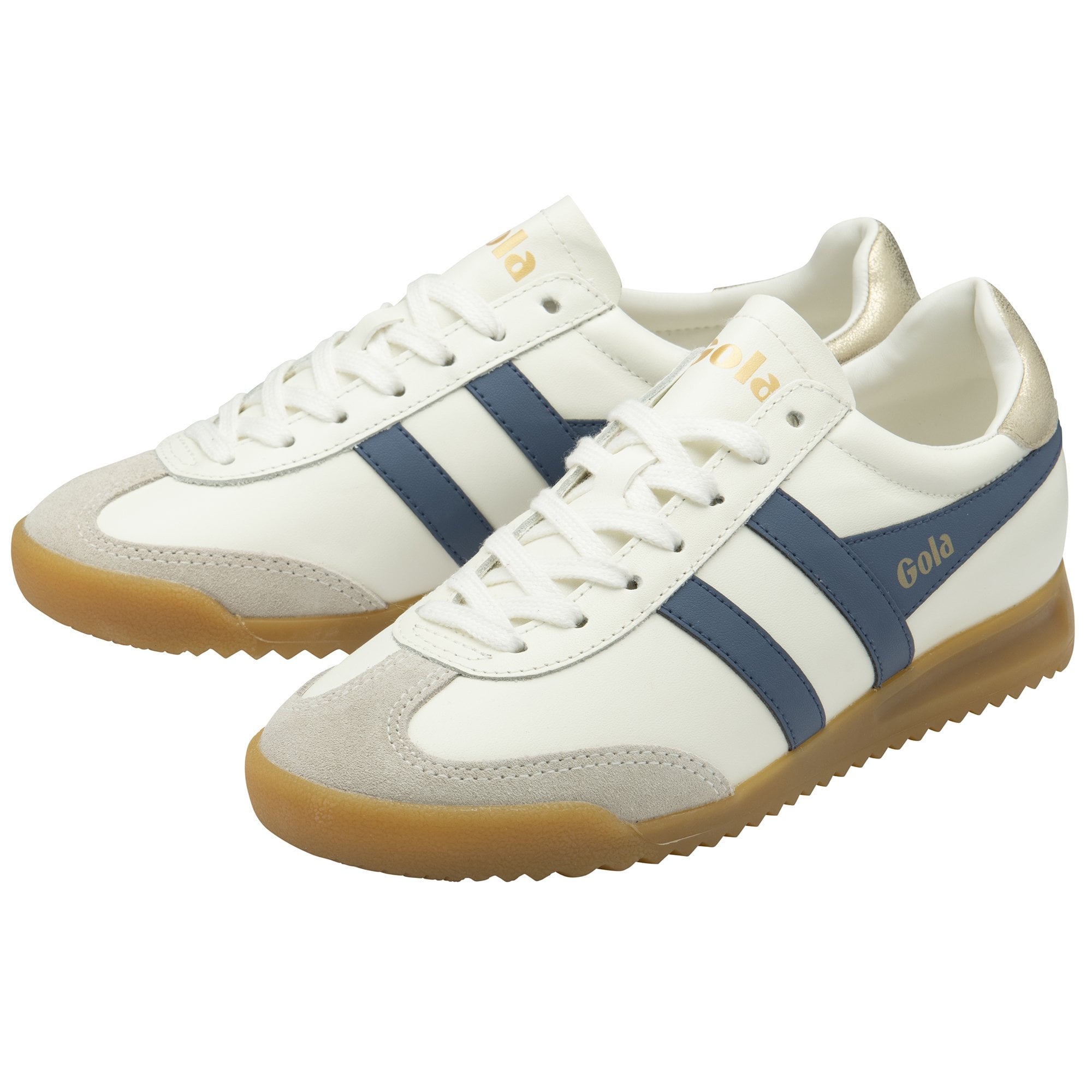 A pair of white and blue Gola sneakers with gum soles, viewed from the side.