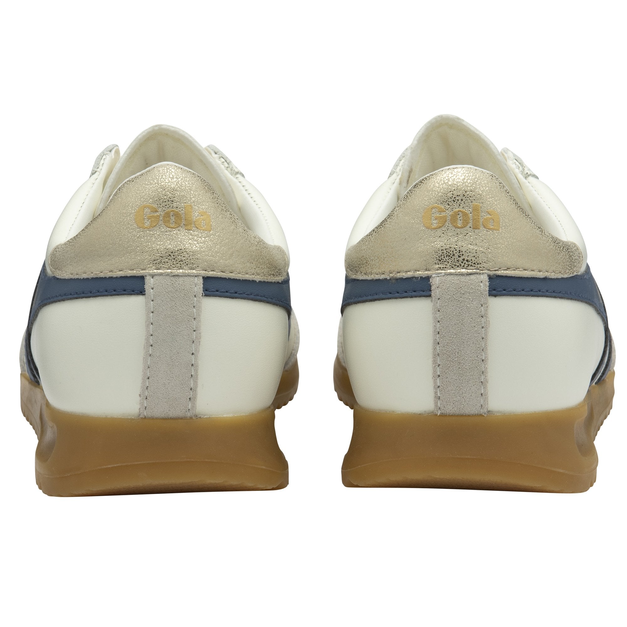 A pair of white and blue Gola sneakers with gum soles, viewed from the back.