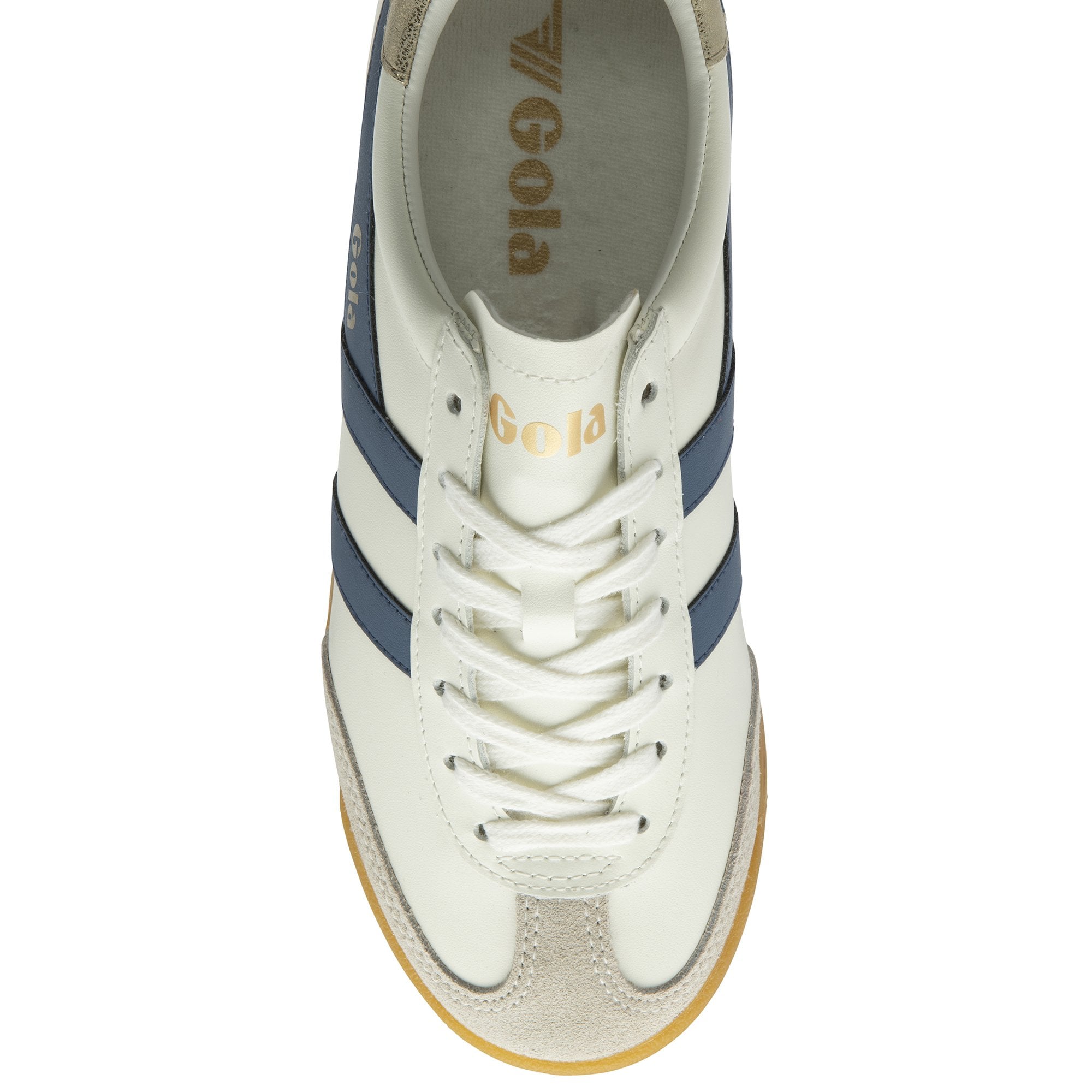 A single white and blue Gola sneaker with a gum sole, viewed from above.
