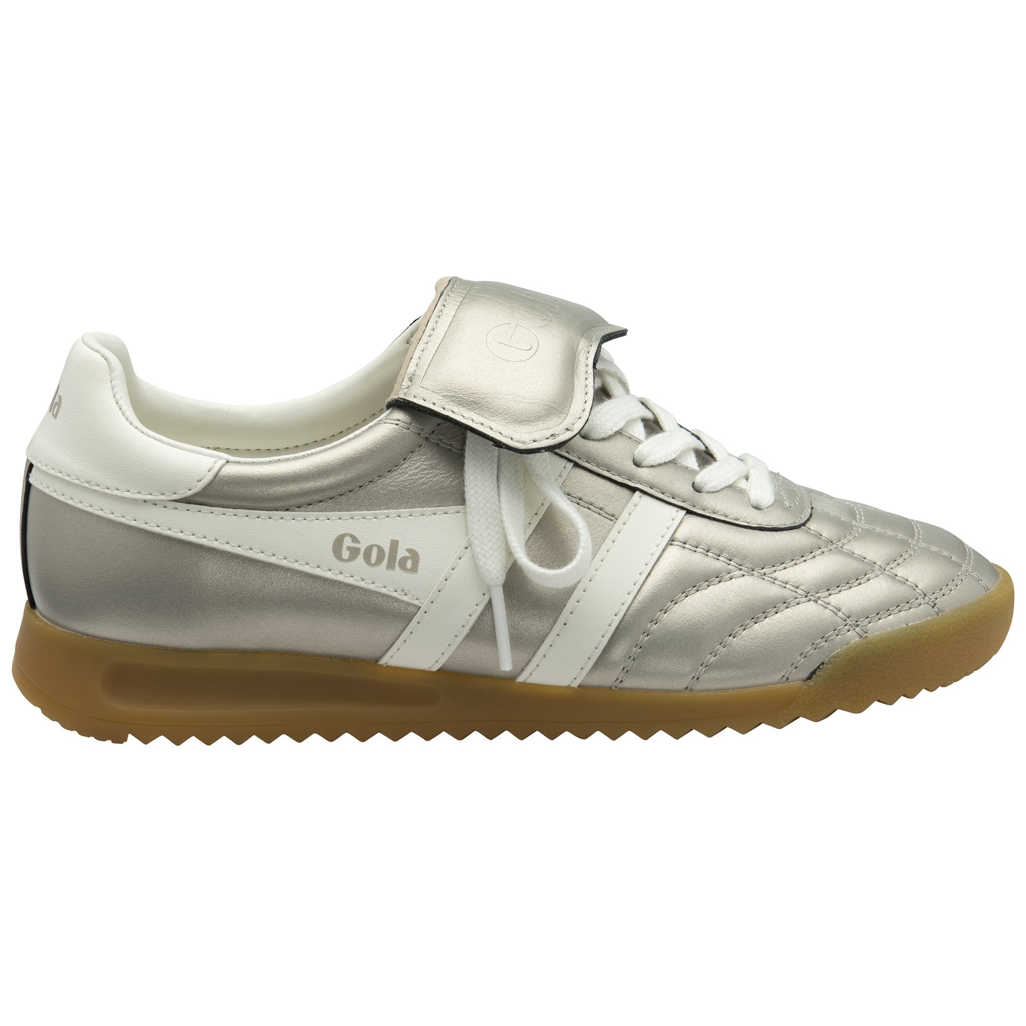 Silver Gola trainer with white stripes and laces, and a brown sole