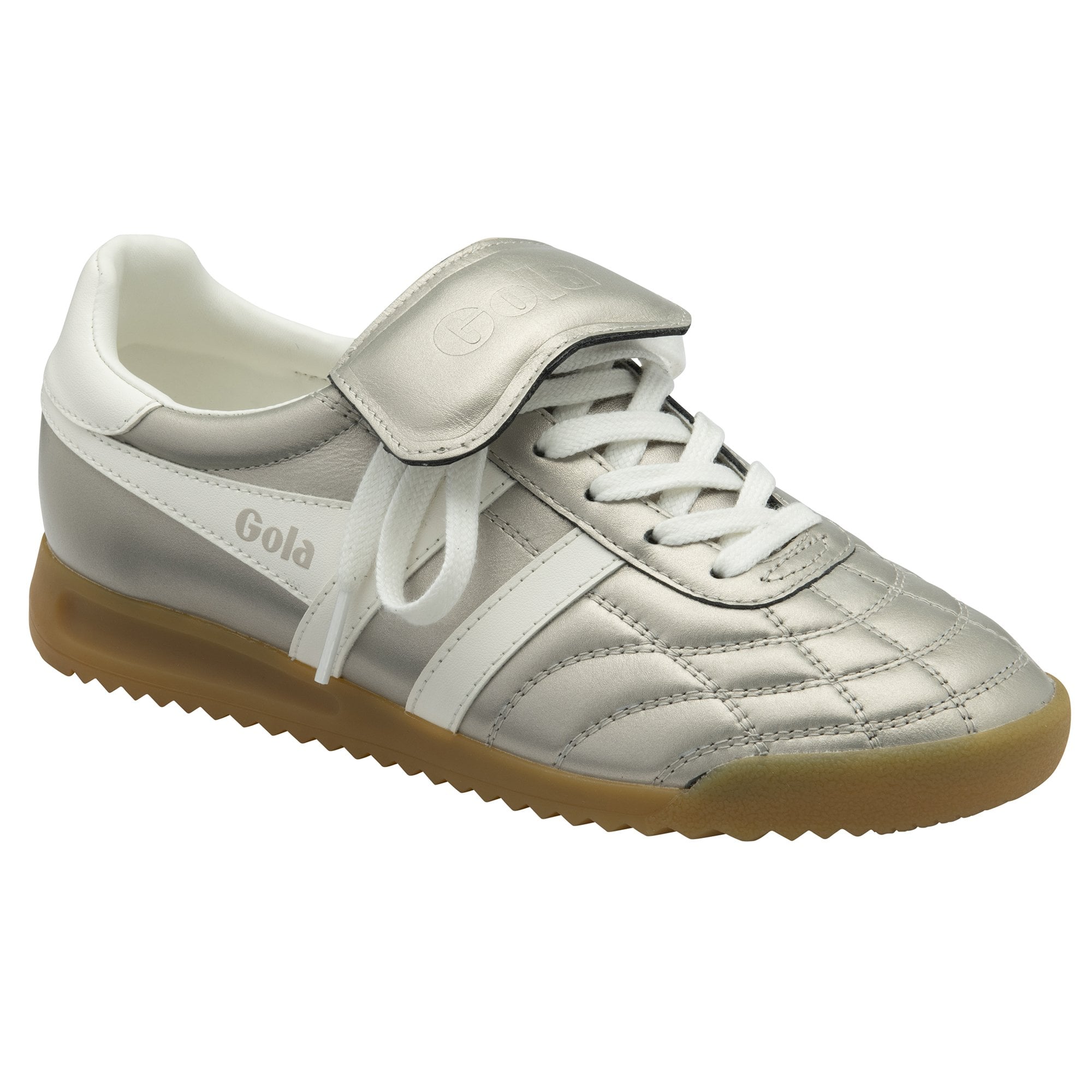 Angled view of a silver Gola sneaker with white stripes, laces, and a gum sole. 
