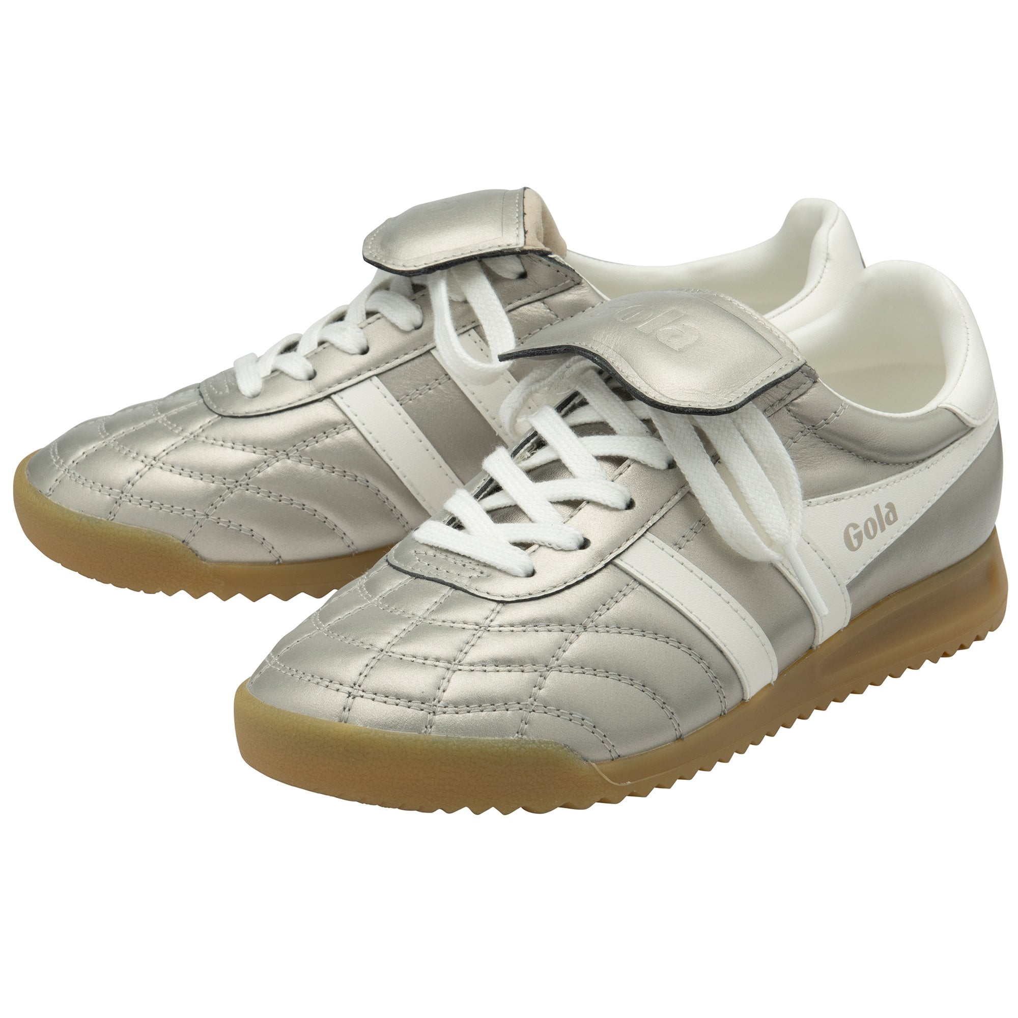 Pair of silver Gola sneakers with white stripes, laces, and gum soles. 