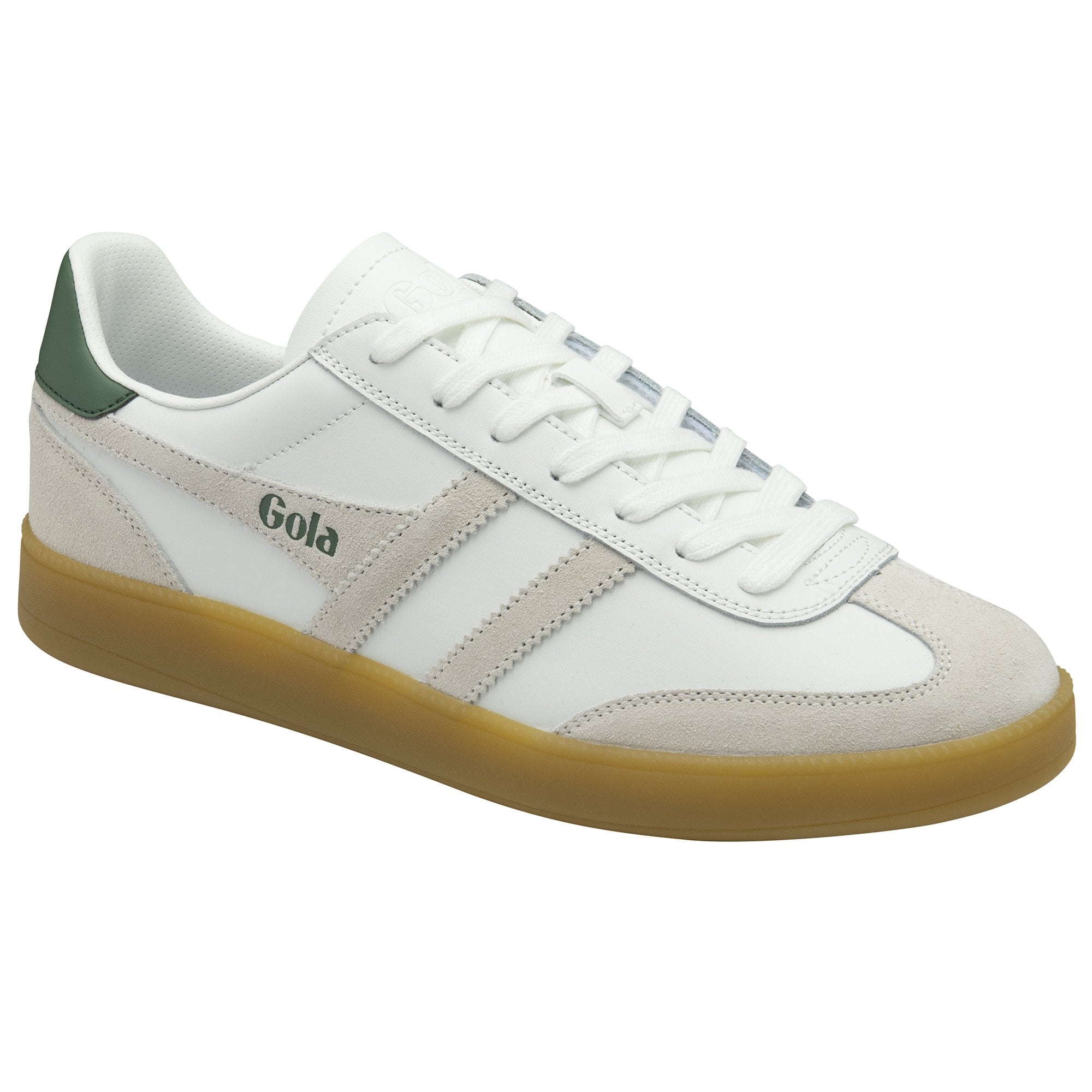 Angled view of a white Gola sneaker with green and beige accents and a gum sole.