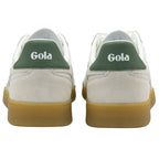 Rear view of two white Gola sneakers, showing green heel tab with 'Gola' logo.
