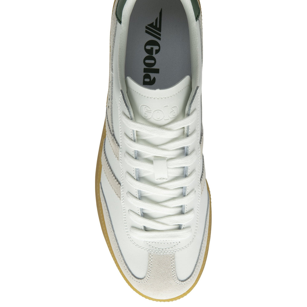White Gola sneaker with green trim and gum sole
