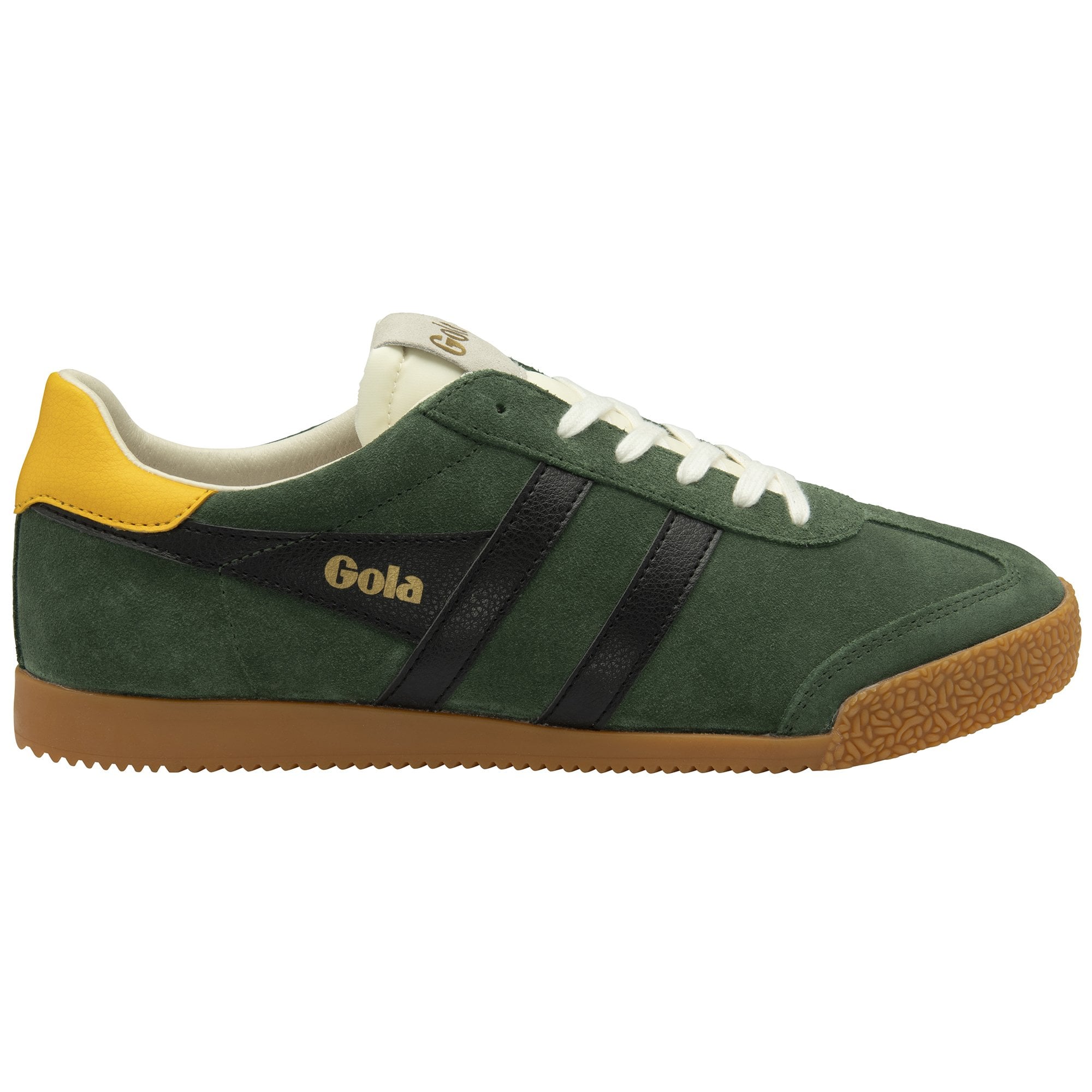 Side profile of a Gola men's trainer in green suede with black stripes and a tan heel.