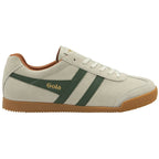 A white Gola sneaker with green stripes and a brown sole.