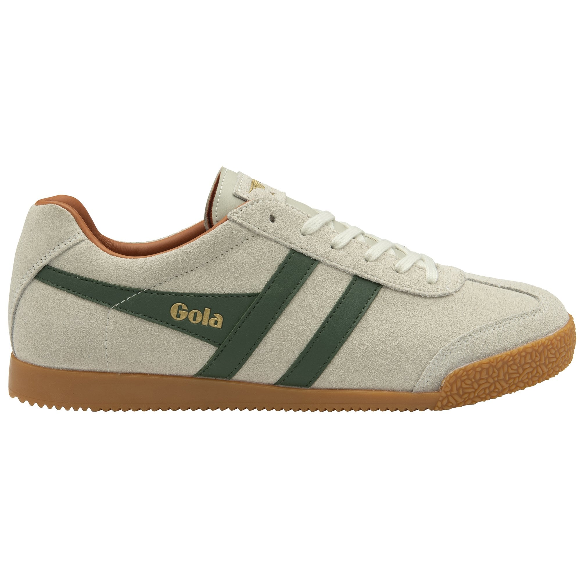 A white Gola sneaker with green stripes and a brown sole.