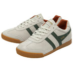 Pair of Gola Harrier suede trainers in off-white with green stripes and gum sole