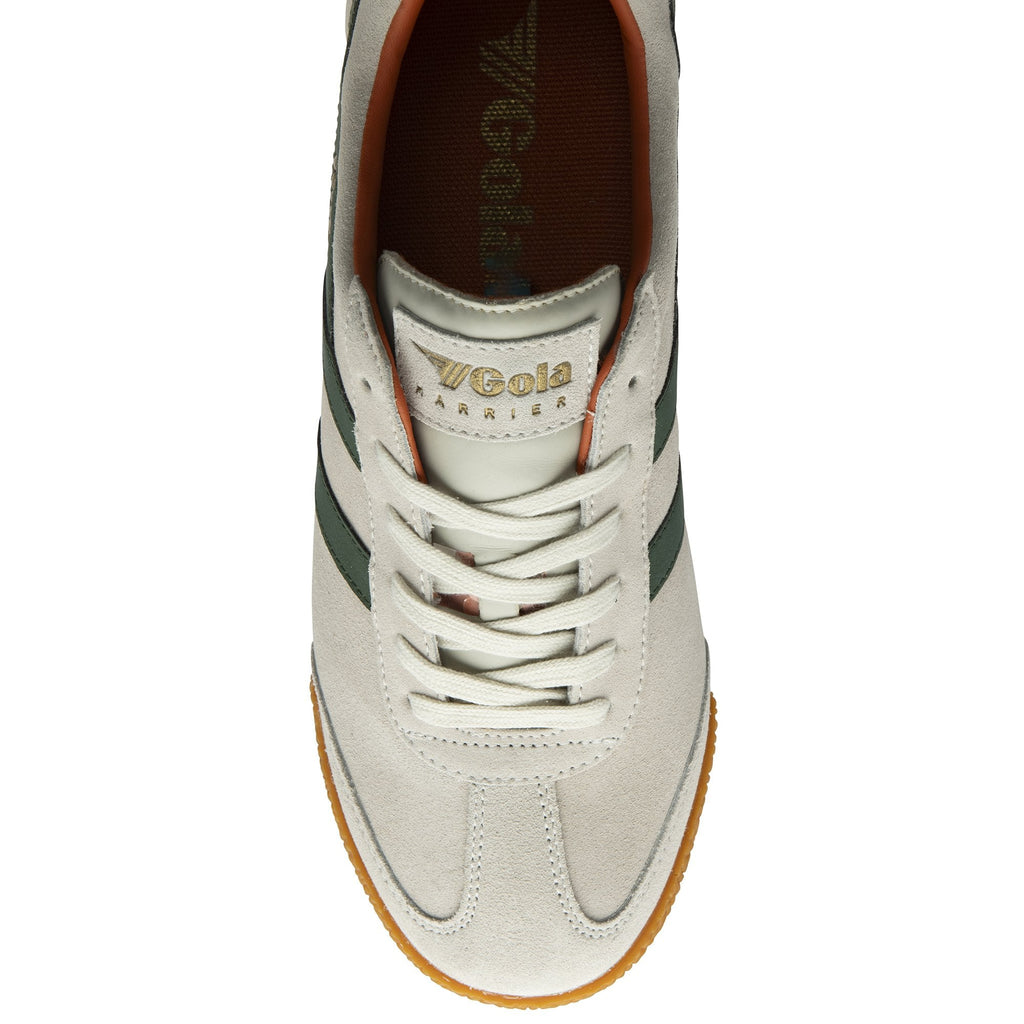 Overhead view of a Gola Harrier trainer in off-white suede with dark green stripes and a gum sole