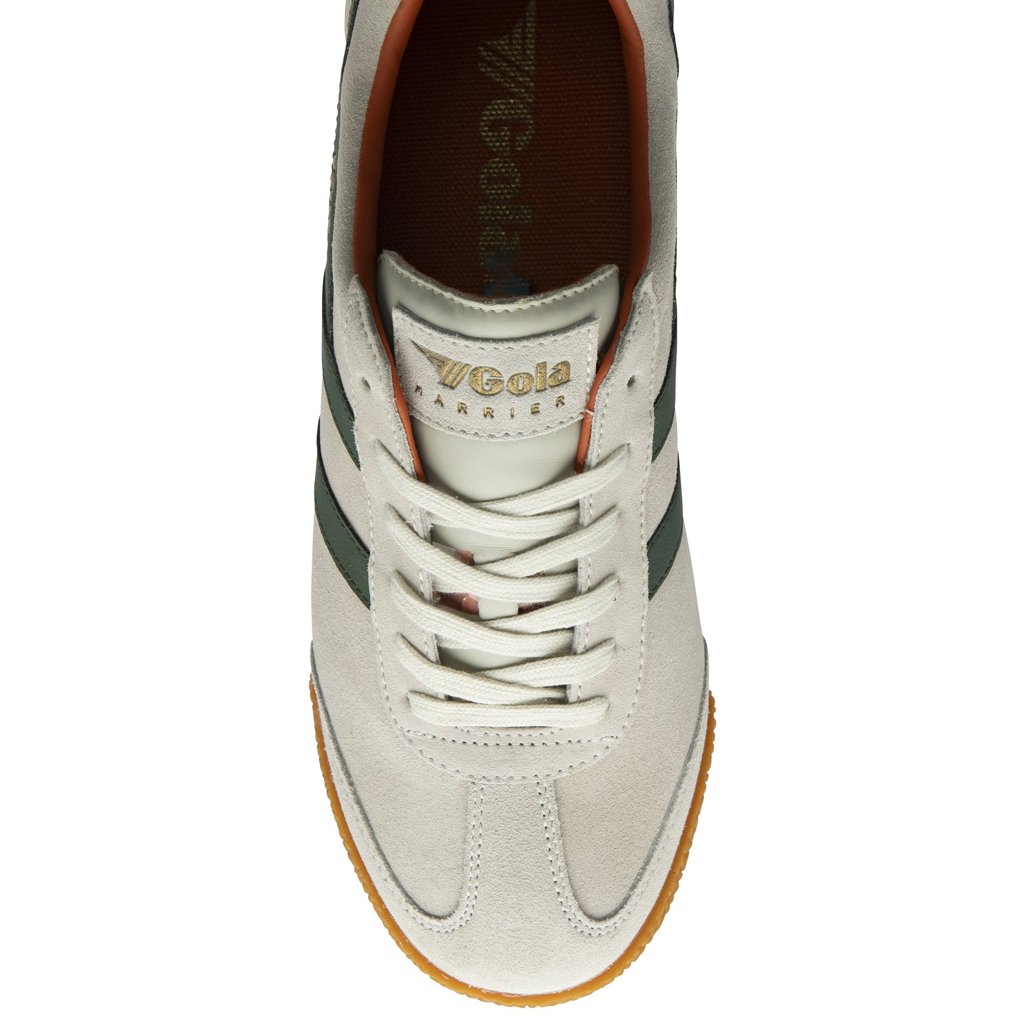Overhead view of a Gola Harrier trainer in off-white suede with dark green stripes and a gum sole