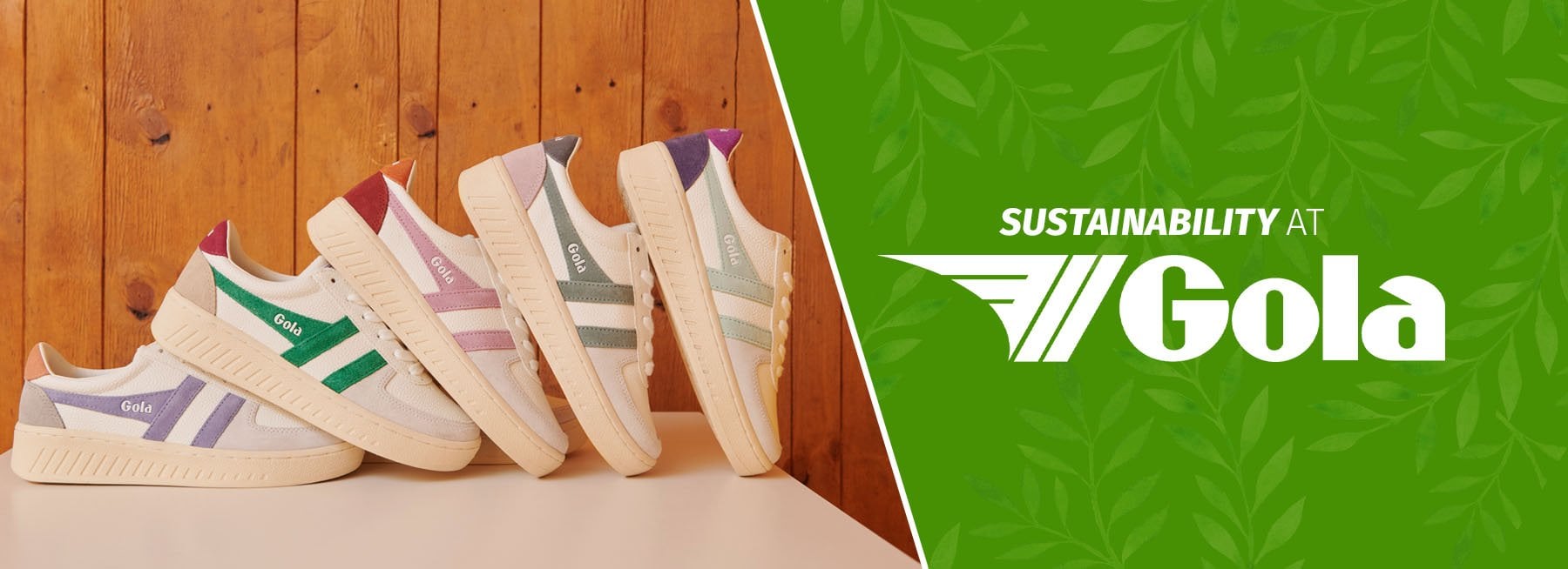 Four pairs of Gola sneakers in various colors, with "Sustainability at Gola" text on a green background.