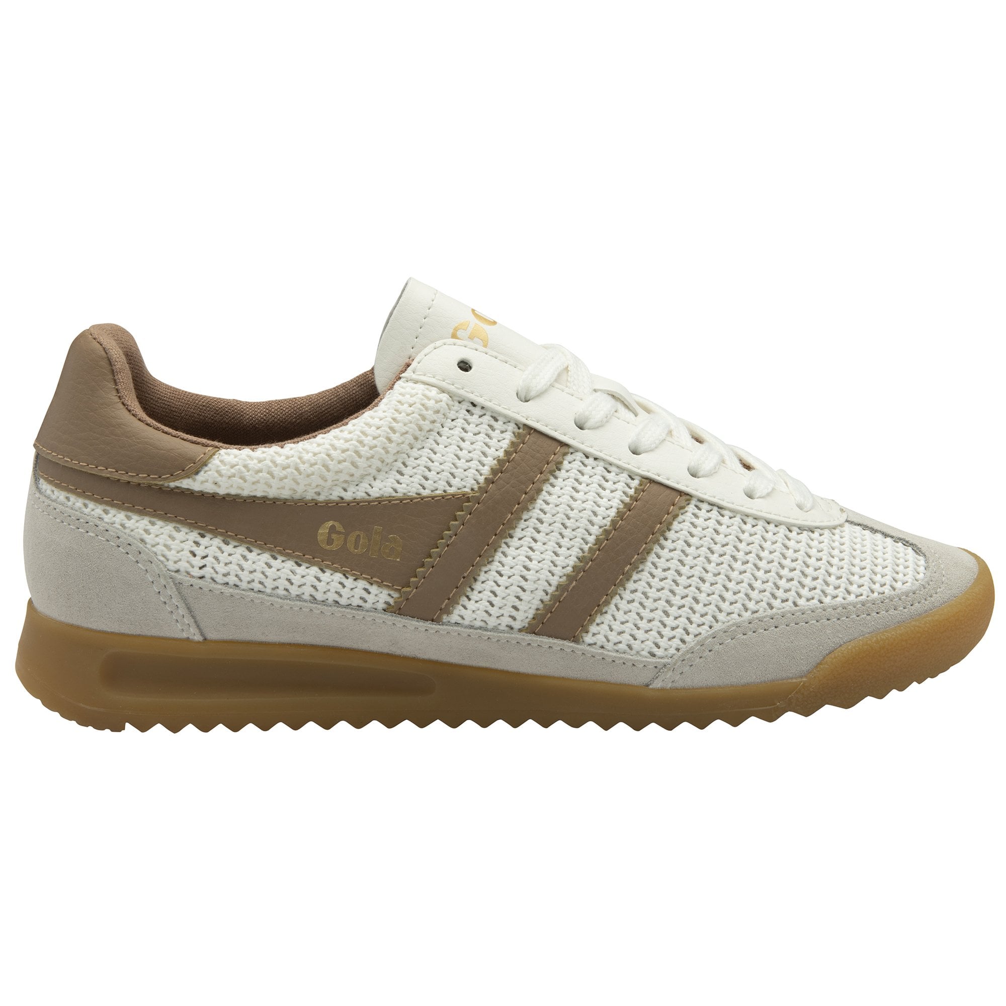 Side profile of a single Gola men's shoe in white and tan, with a gum sole.