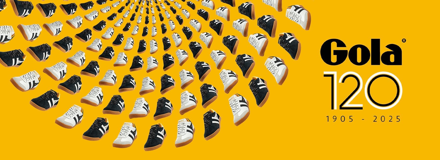 Black and white Gola sneakers in a pattern on a yellow background, with "Gola 120" logo.