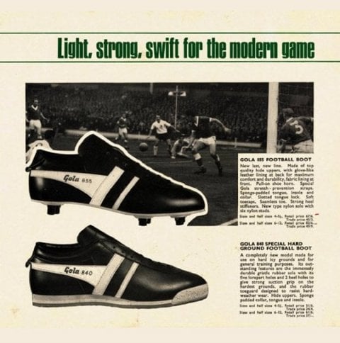 Vintage Gola football boot advertisement showing two boot styles and a game in progress