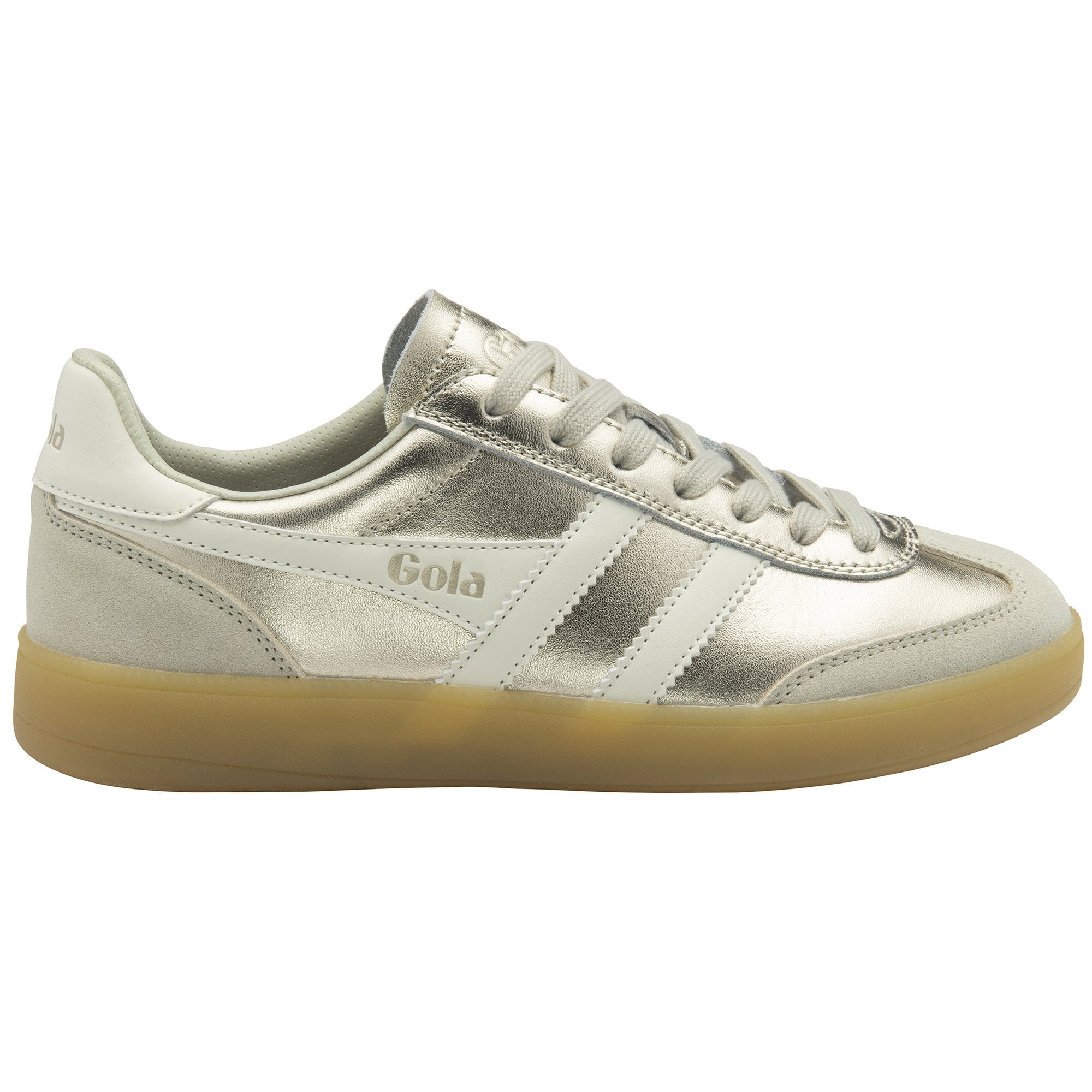 A shiny gold Gola sneaker with white stripes and a brown sole, facing right.