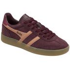 A single burgundy Gola sneaker with tan stripes and a gum sole, viewed from a slight angle.