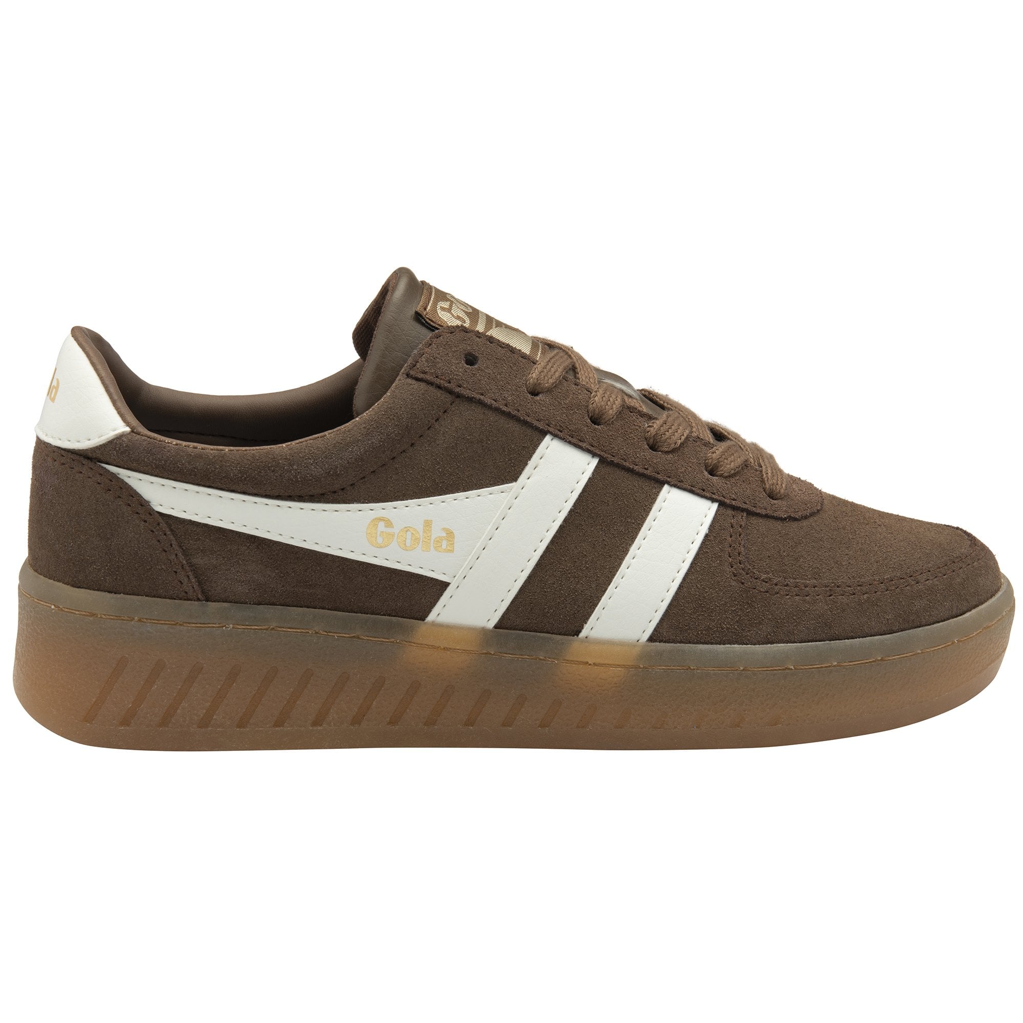 Brown suede Gola sneaker with white stripes and gold Gola logo