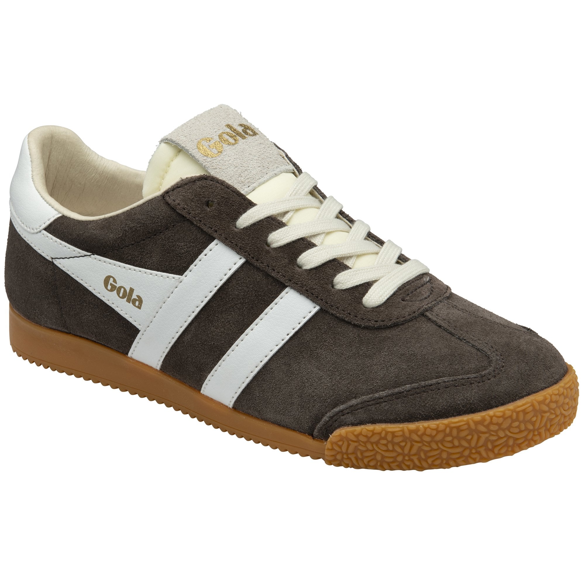 Gola Harrier suede trainer in dark brown with white side stripes and a gum sole