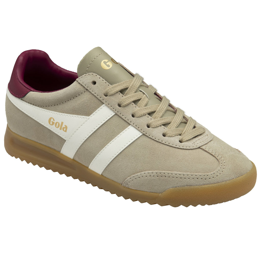 Gola Harrier suede trainer in beige with white stripes and a burgundy heel tab