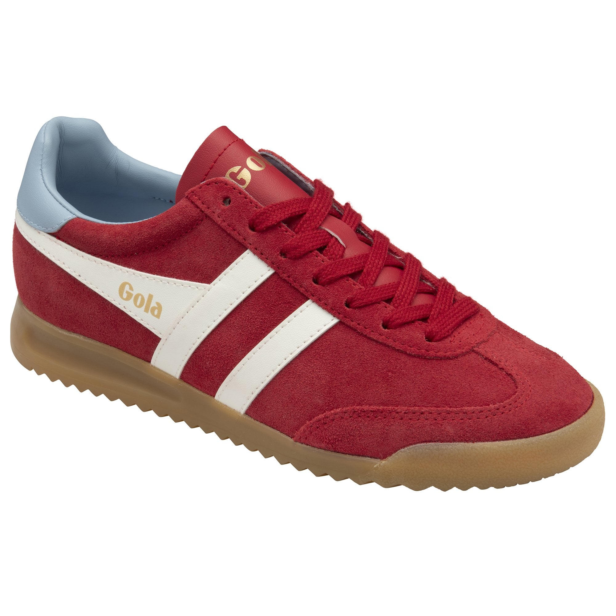 Red Gola sneakers with white stripes and light blue heel tab from a slightly different angle.