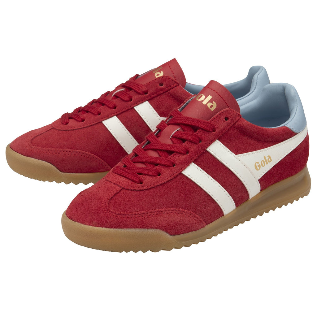 A pair of red Gola sneakers with white stripes and light blue heel tabs.
