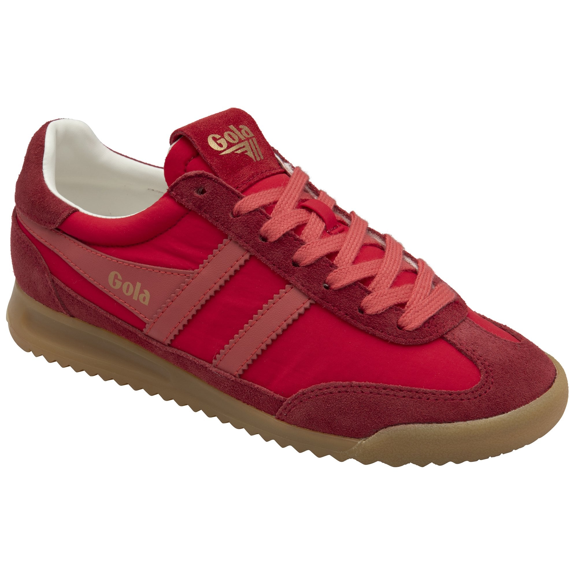 A single red Gola sneaker with light red stripes and a tan sole, angled slightly.