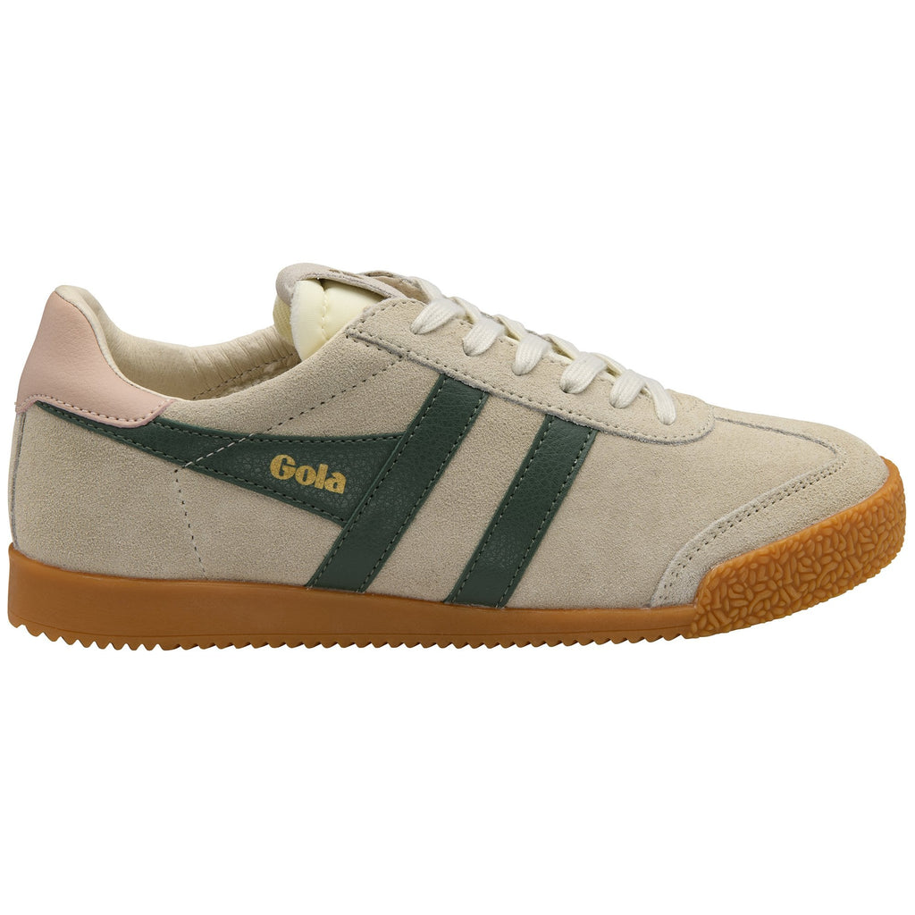 Gola Harrier suede trainer in off-white with green stripes and a gum sole