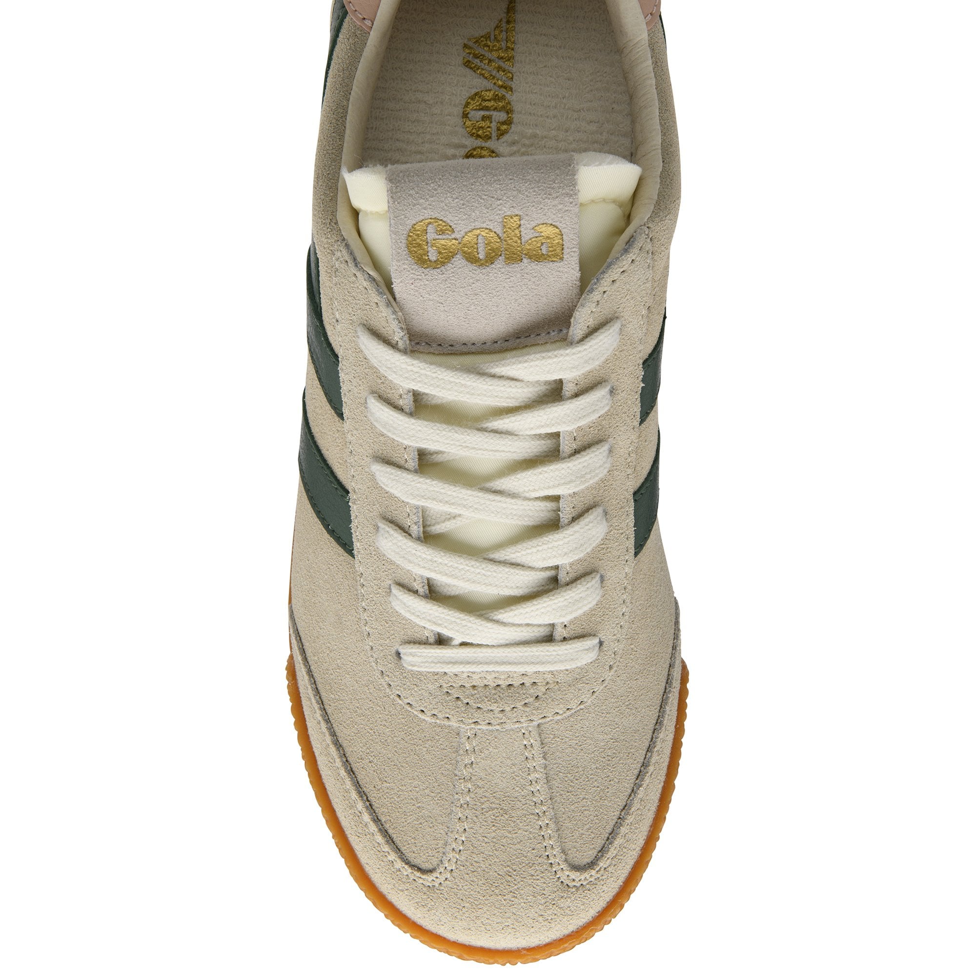 Gola Harrier suede trainers in off-white with green stripes and a gum sole
