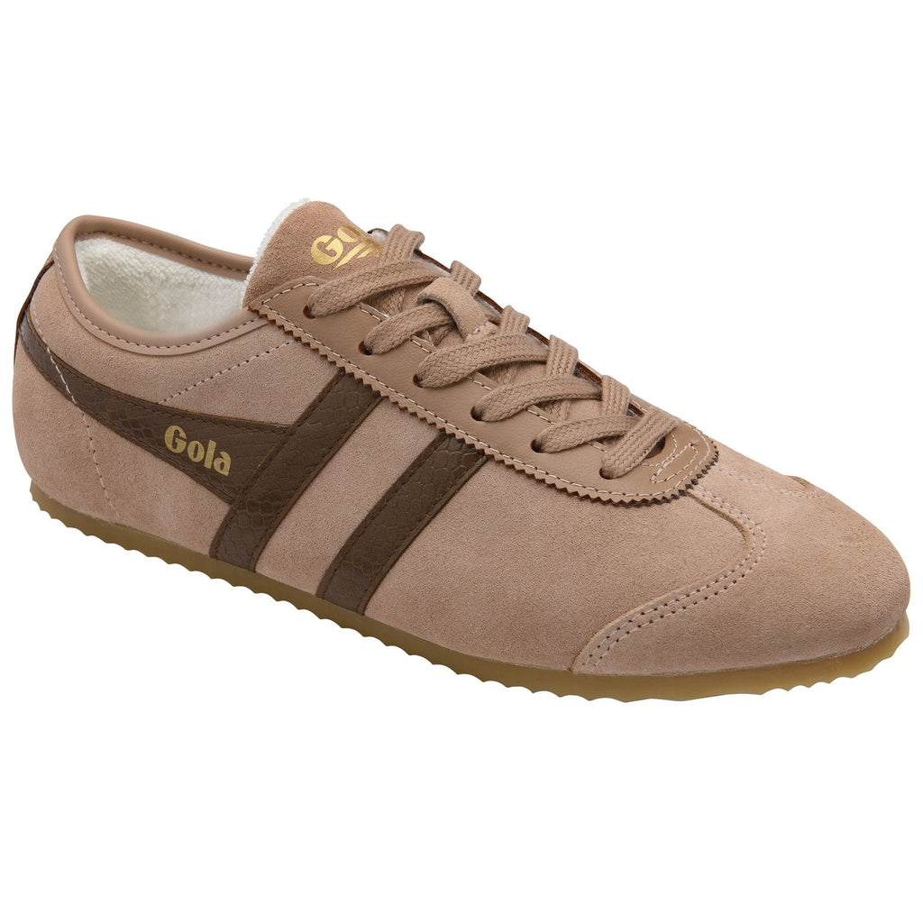 Tan Gola Harrier suede sneaker with dark brown stripes and a gold Gola logo on the side.