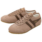 Pair of Gola Harrier suede trainers in light brown with dark brown stripes and gold Gola branding