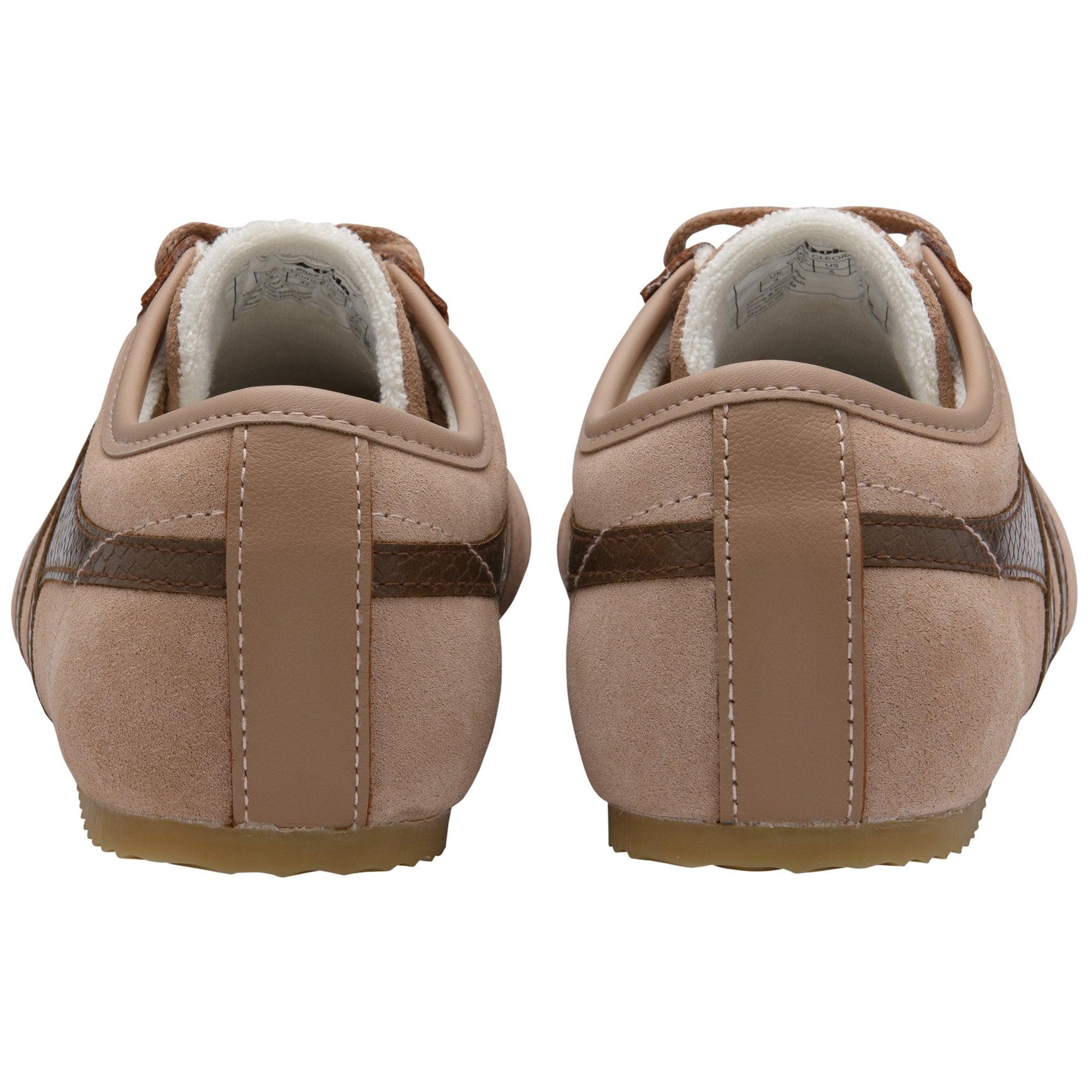 Rear view of two light brown suede sneakers with dark brown stripes and white faux fur lining.