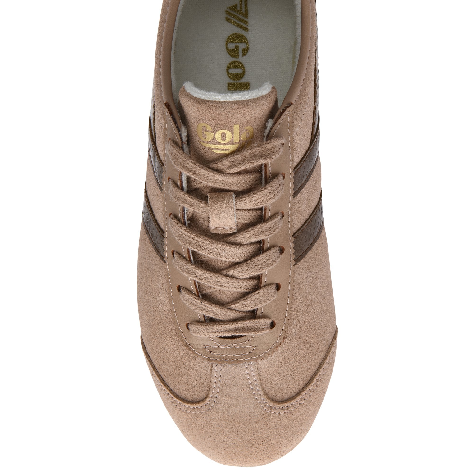 Top-down view of a tan suede sneaker with dark brown stripes and laces.
