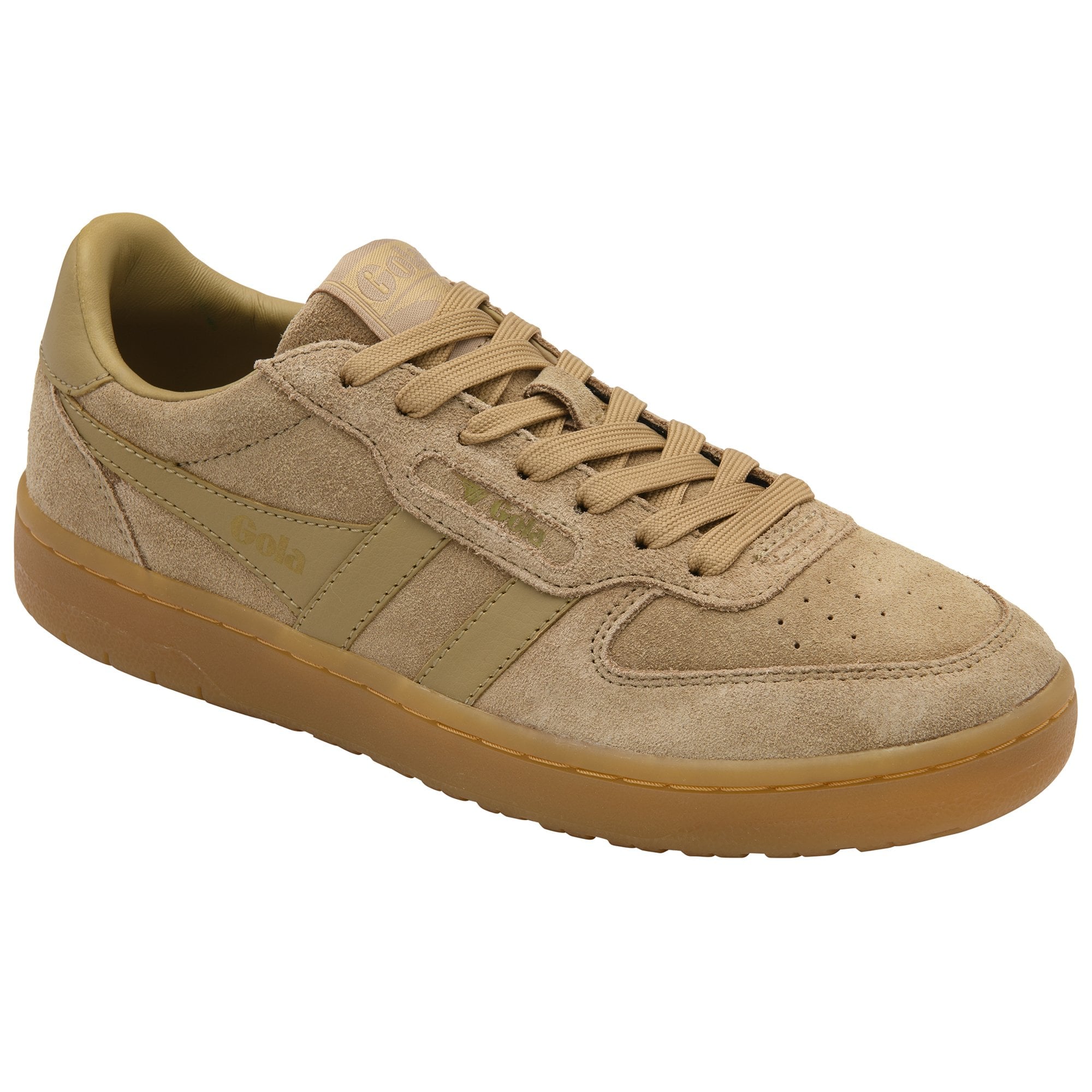 Tan suede sneaker with gum sole and matching laces.