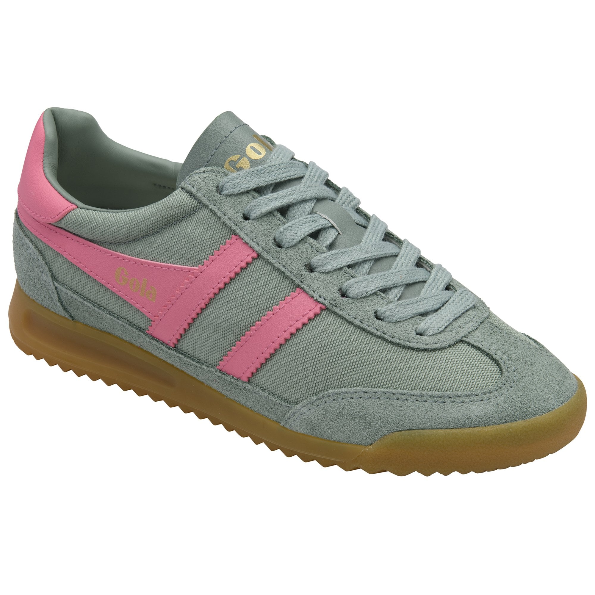 A single grey and pink sneaker with a brown sole.